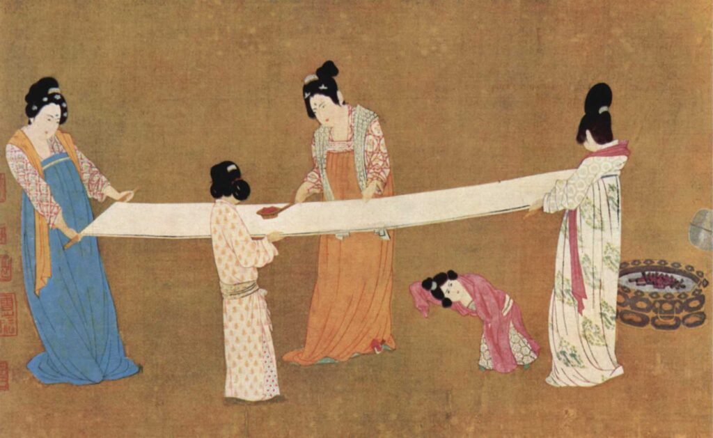 Song Dynasty women inspecting a bolt of silk. 12th century CE. Painted on silk. (Museum of Fine Arts, Boston, USA). history of china